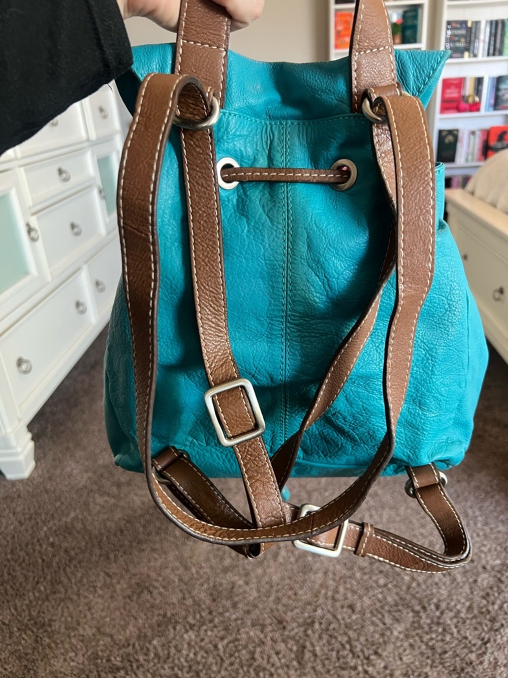 Nino BOSSI Turquoise Leather Drawstring Shoulder Bag with Brown Handles - Picture 3 of 7